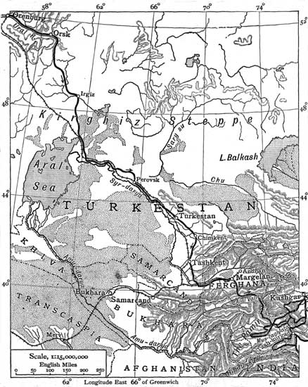 MAP SHOWING JOURNEY FROM ORENBURG TO THE PAMIR