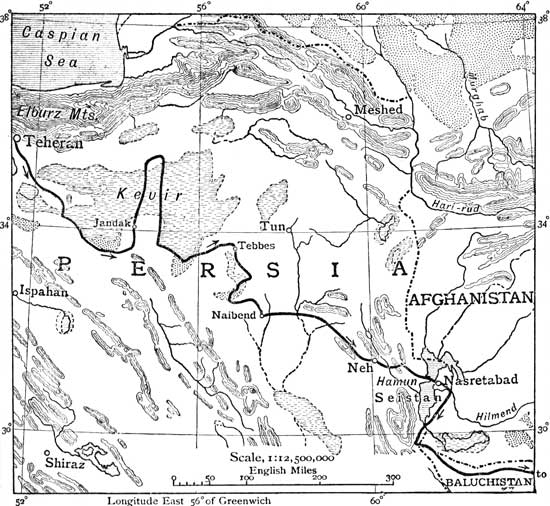 MAP SHOWING JOURNEY FROM TEHERAN TO BALUCHISTAN