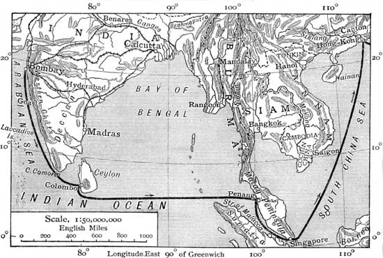 MAP SHOWING VOYAGE FROM BOMBAY TO HONG KONG